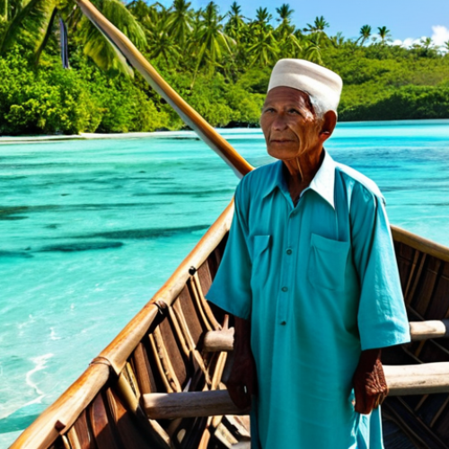 **Prompt 1: Legacy of the Ocean and Enduring Spirit**
    A dignified, elderly Marshallese man in modest, traditional attire stands beside a wooden outrigger canoe, gently touching its frame. He gazes thoughtfully at the sunlit, crystal clear turquoise lagoon, connecting deeply with his ancestral ocean knowledge. In the background, a lush low-lying island subtly shows a well-maintained, elevated traditional hut, reflecting resilient adaptation to environmental changes. This scene captures a serene, hopeful atmosphere. High-resolution professional photography, natural pose, perfect anatomy, correct proportions, well-formed hands, proper finger count, natural body proportions, vibrant colors, soft natural lighting. safe for work, appropriate content, fully clothed, modest, family-friendly.
