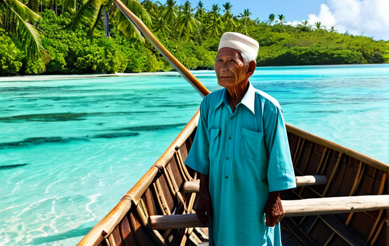 **Prompt 1: Legacy of the Ocean and Enduring Spirit**
    A dignified, elderly Marshallese man in modest, traditional attire stands beside a wooden outrigger canoe, gently touching its frame. He gazes thoughtfully at the sunlit, crystal clear turquoise lagoon, connecting deeply with his ancestral ocean knowledge. In the background, a lush low-lying island subtly shows a well-maintained, elevated traditional hut, reflecting resilient adaptation to environmental changes. This scene captures a serene, hopeful atmosphere. High-resolution professional photography, natural pose, perfect anatomy, correct proportions, well-formed hands, proper finger count, natural body proportions, vibrant colors, soft natural lighting. safe for work, appropriate content, fully clothed, modest, family-friendly.