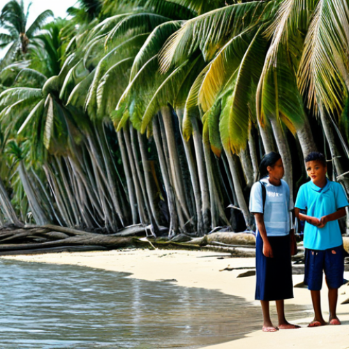 A young student, fully clothed in modest casual attire, stands alongside local Marshallese community members by the coastline of a tropical island. The water level is noticeably high, gently lapping near the roots of palm trees, depicting the urgency of rising sea levels. They are observing the ocean with thoughtful, determined expressions, perhaps pointing towards a simple, community-built sea defense. The scene is bathed in soft, natural sunlight, emphasizing environmental awareness, global citizenship, and community resilience. Safe for work, appropriate content, fully clothed, professional dress, perfect anatomy, correct proportions, natural pose, well-formed hands, proper finger count, natural body proportions, family-friendly, high quality professional photography.