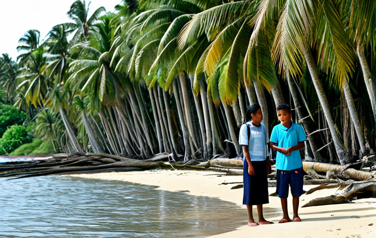 A young student, fully clothed in modest casual attire, stands alongside local Marshallese community members by the coastline of a tropical island. The water level is noticeably high, gently lapping near the roots of palm trees, depicting the urgency of rising sea levels. They are observing the ocean with thoughtful, determined expressions, perhaps pointing towards a simple, community-built sea defense. The scene is bathed in soft, natural sunlight, emphasizing environmental awareness, global citizenship, and community resilience. Safe for work, appropriate content, fully clothed, professional dress, perfect anatomy, correct proportions, natural pose, well-formed hands, proper finger count, natural body proportions, family-friendly, high quality professional photography.