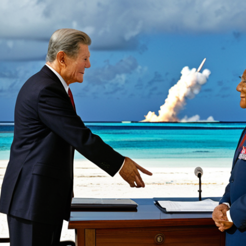 Military Strategy and COFA**

"A wide shot of Kwajalein Atoll in the Marshall Islands, showing both the natural beauty of the islands and a subtle view of the Reagan Missile Defense Test Site in the background. In the foreground, depict a meeting between a Marshallese leader in professional attire and a US diplomat in a business suit, shaking hands over a table with the COFA agreement visible. Fully clothed, appropriate attire, safe for work, perfect anatomy, natural proportions, professional setting, serious tone, high quality, family-friendly."

**