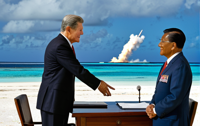 Military Strategy and COFA**

"A wide shot of Kwajalein Atoll in the Marshall Islands, showing both the natural beauty of the islands and a subtle view of the Reagan Missile Defense Test Site in the background. In the foreground, depict a meeting between a Marshallese leader in professional attire and a US diplomat in a business suit, shaking hands over a table with the COFA agreement visible. Fully clothed, appropriate attire, safe for work, perfect anatomy, natural proportions, professional setting, serious tone, high quality, family-friendly."

**