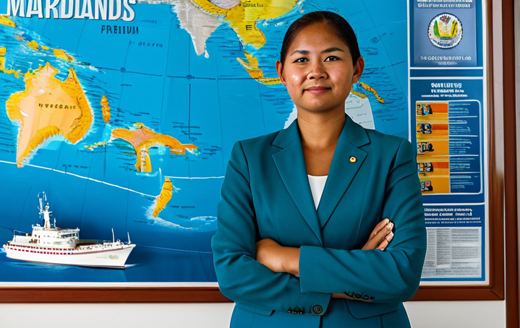 마셜 제도 비자 및 입국 절차 - A professional woman in a modest business suit, standing in front of a travel agency poster displayi...