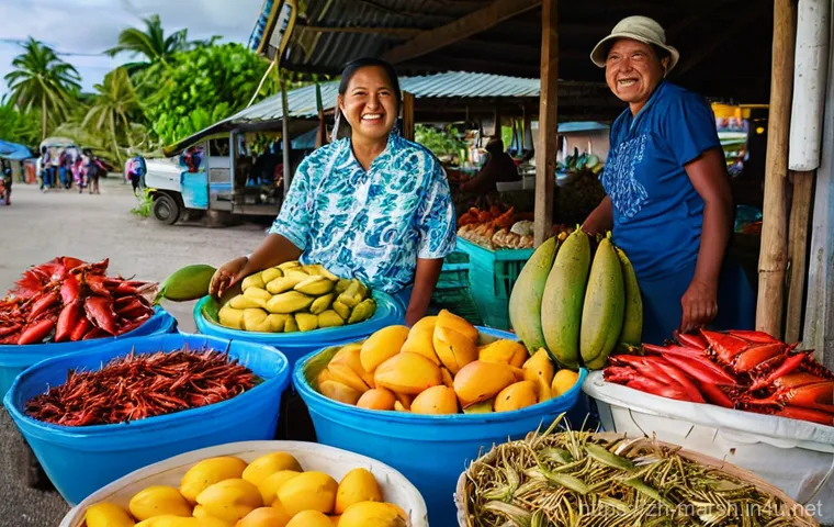 마셜 제도 로컬 마켓 탐방 - **Prompt:** A vibrant and bustling open-air local market in Majuro, Marshall Islands, bathed in warm...