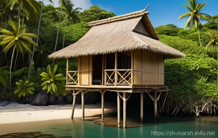 마셜 제도에서의 독특한 건축 양식 - **Spherical Haven amidst Tropical Foliage**
    A unique, distinctly spherical or gently rounded hut...