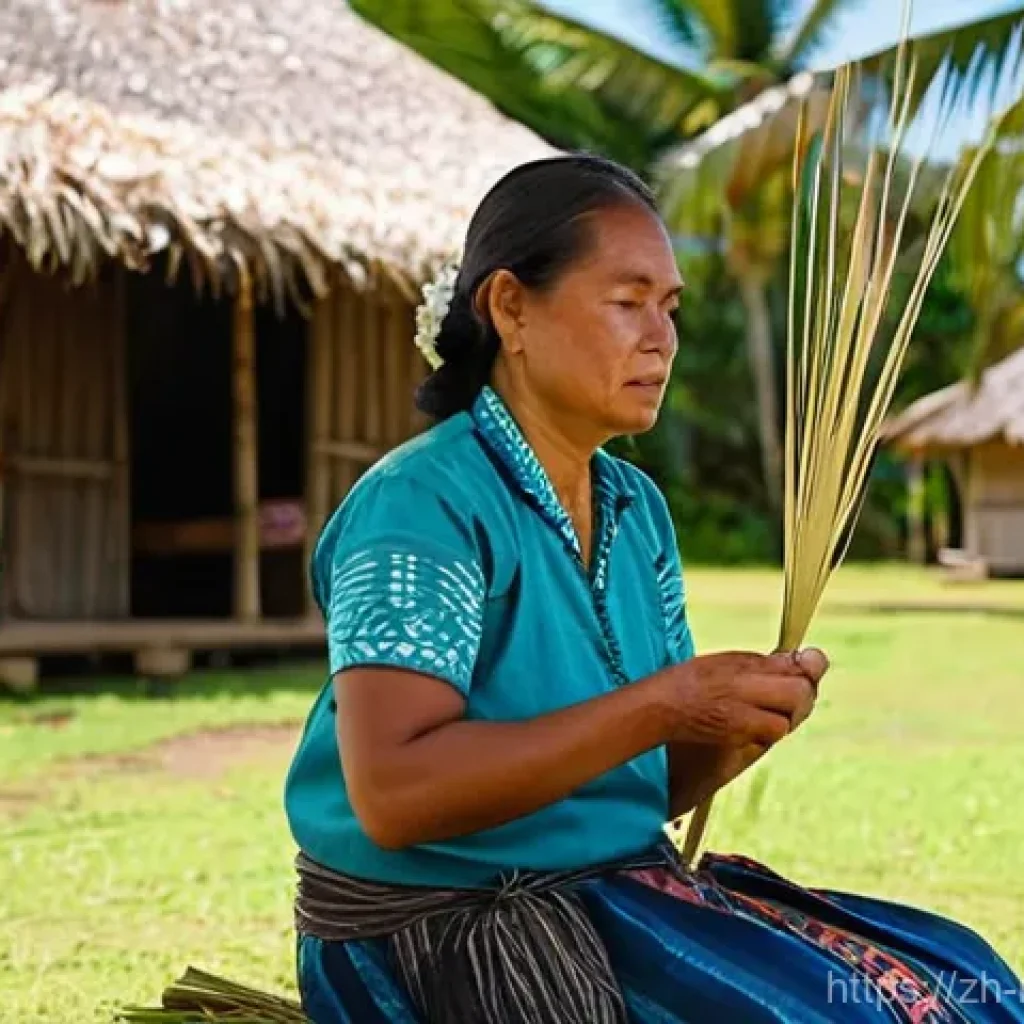 마셜 제도에서의 전통 공예품 - **Prompt 1: Skilled Marshallese Weaver at Work**
A serene, close-up portrait of a dignified Mars...