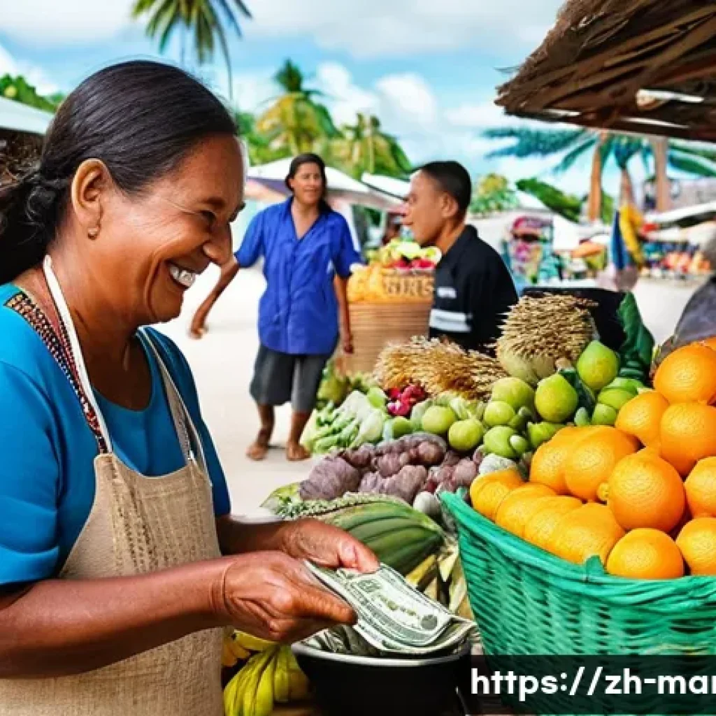 마셜 제도에서의 금융 및 환전 정보 - **Prompt 1: Vibrant Local Market Transaction in Marshall Islands**
"A happy tourist, diverse eth...