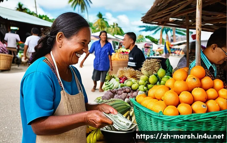 마셜 제도에서의 금융 및 환전 정보 - **Prompt 1: Vibrant Local Market Transaction in Marshall Islands**
    "A happy tourist, diverse eth...