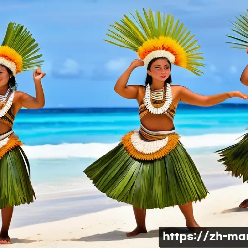 마셜 제도에서 볼 수 있는 전통 공연 - A vibrant traditional dance performance from the Marshall Islands featuring dancers wearing intricat...