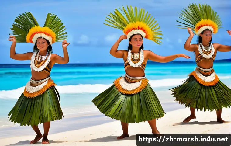 마셜 제도에서 볼 수 있는 전통 공연 - A vibrant traditional dance performance from the Marshall Islands featuring dancers wearing intricat...