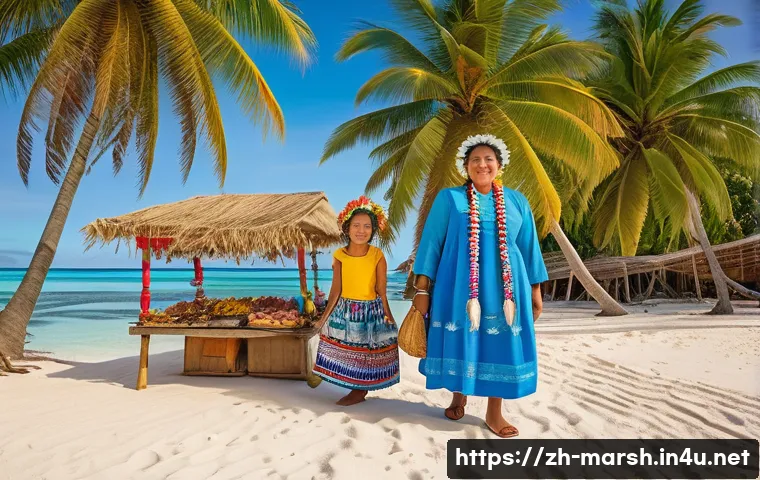 마셜 제도 여행 시 주의사항 - A vibrant tropical island scene in the Marshall Islands during a sunny early morning, featuring a lo...
