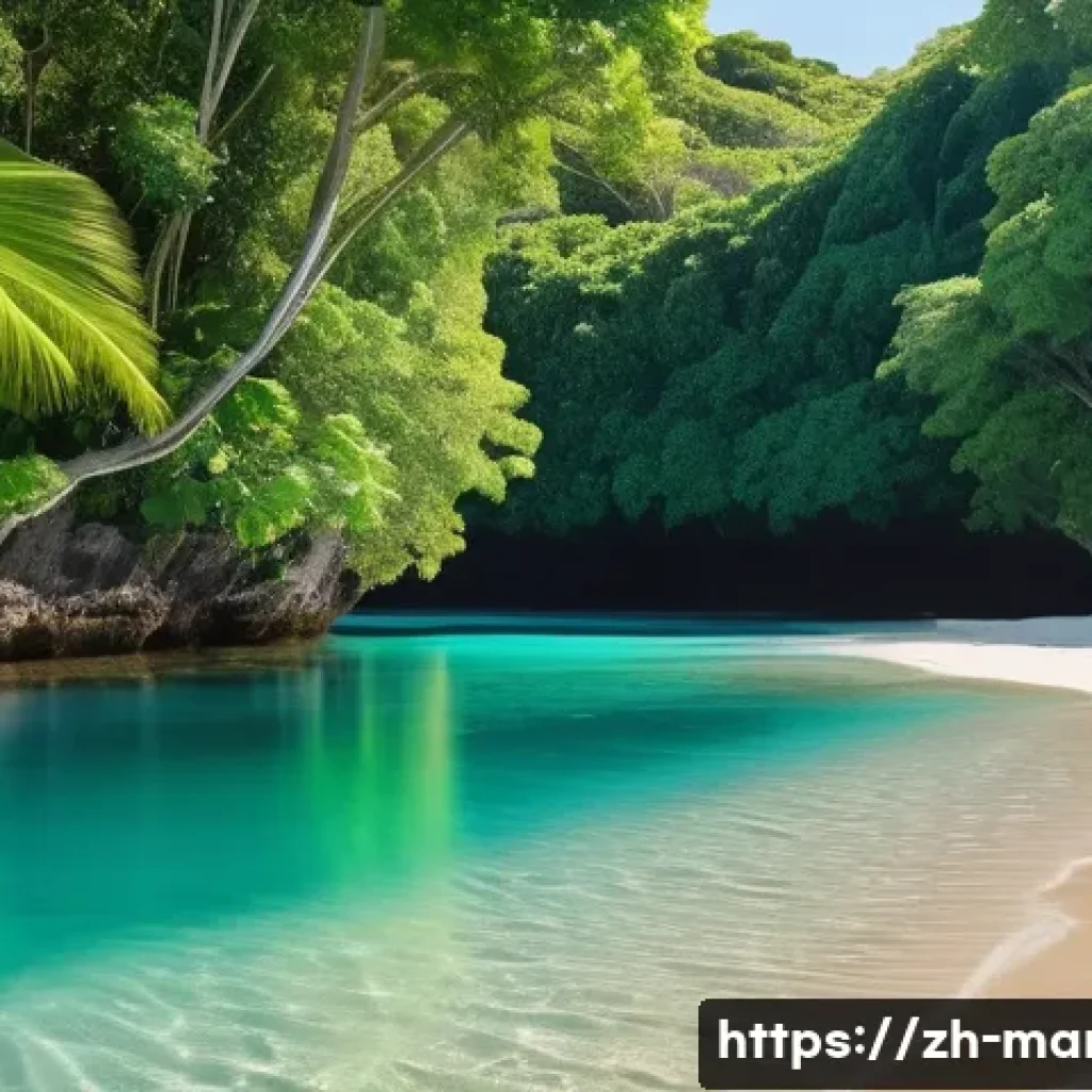마셜 제도에서 가장 아름다운 해변 - A serene hidden bay in the Marshall Islands, surrounded by dense tropical vegetation with crystal-cl...