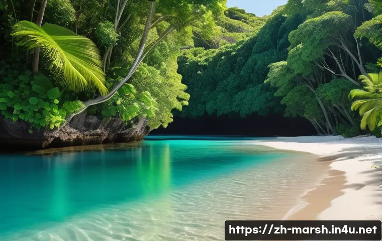 마셜 제도에서 가장 아름다운 해변 - A serene hidden bay in the Marshall Islands, surrounded by dense tropical vegetation with crystal-cl...