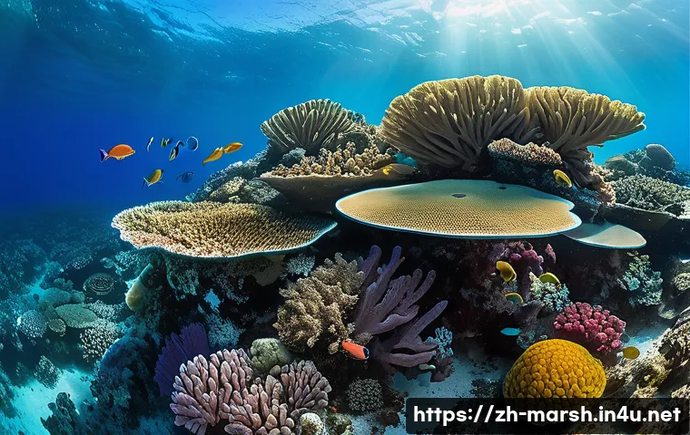 마셜 제도에서 경험할 수 있는 유일한 것들 - A vibrant underwater scene of the Marshall Islands&rsquo; coral atoll, showcasing diverse coral species su...