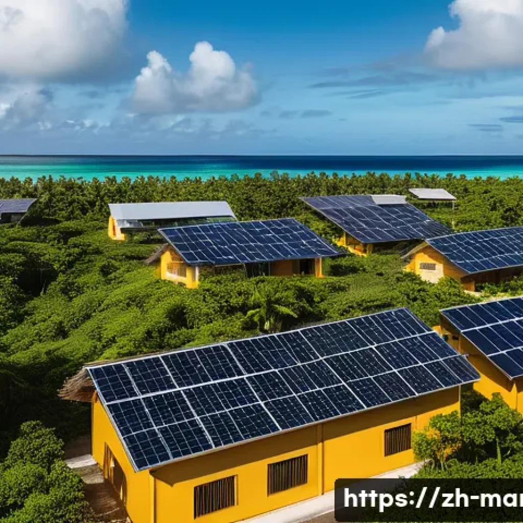 마셜 제도에서의 태양광 및 재생 에너지 산업 - A panoramic view of a remote Pacific island community in the Marshall Islands featuring distributed ...