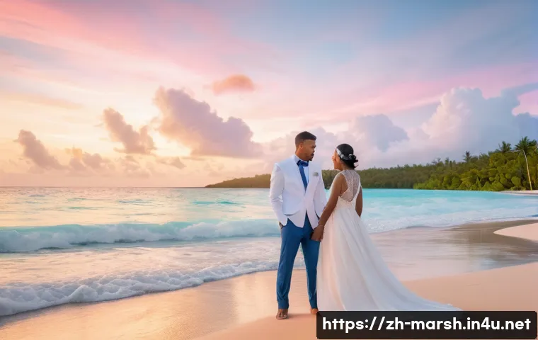 마셜 제도에서 촬영 가능한 웨딩 포토스팟 - A romantic wedding photoshoot at a dreamlike blue bay in the Marshall Islands during early morning s...
