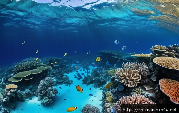 마셜 제도 기후 및 날씨 - A vivid underwater scene near the Marshall Islands showcasing vibrant coral reefs undergoing bleachi...