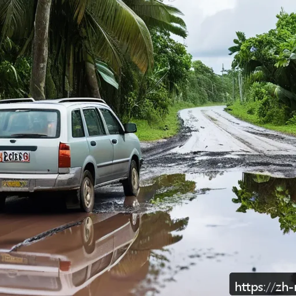 마셜 제도에서의 교통사고 및 안전 대책 - A detailed street scene on a remote island in the Marshall Islands showing a poorly maintained road ...
