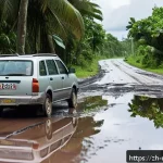 마셜 제도에서의 교통사고 및 안전 대책 - A detailed street scene on a remote island in the Marshall Islands showing a poorly maintained road ...