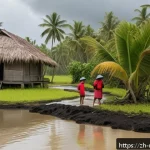 마셜 제도에서 주의해야 할 질병 및 예방 접종 - A detailed tropical island scene in the Marshall Islands during rainy season, showing a family weari...