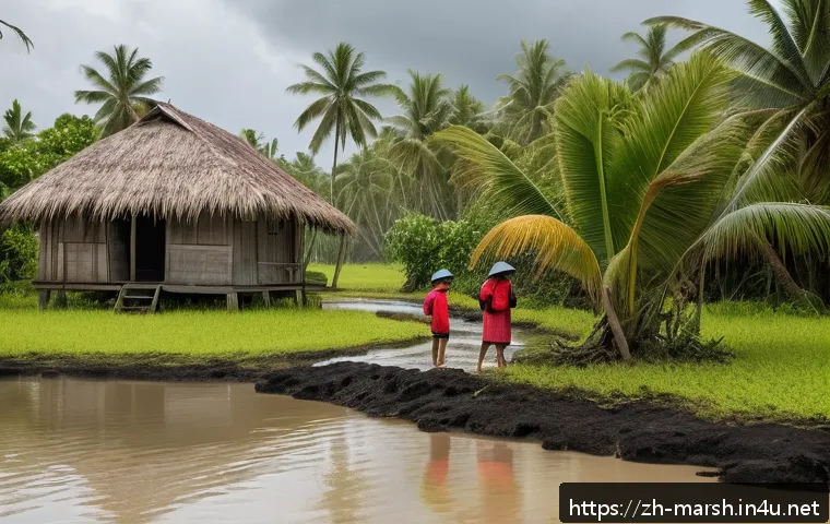 마셜 제도에서 주의해야 할 질병 및 예방 접종 - A detailed tropical island scene in the Marshall Islands during rainy season, showing a family weari...