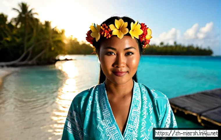 마셜 제도 전통 의상 - Photorealistic cultural portrait of a Marshallese woman wearing a modest, flowing traditional island...